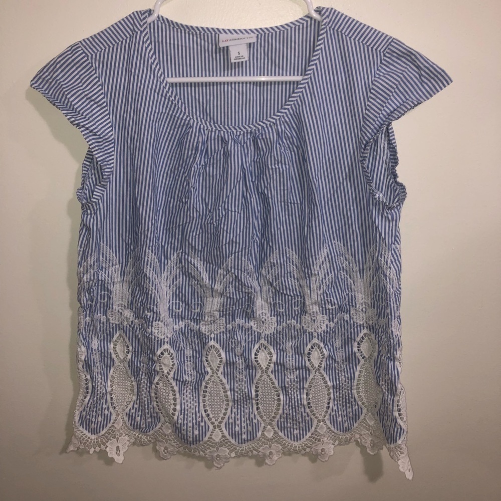 Liz Claiborne White Blue Embroidered Lace Hem 100% Cotton Coastal Top Size S